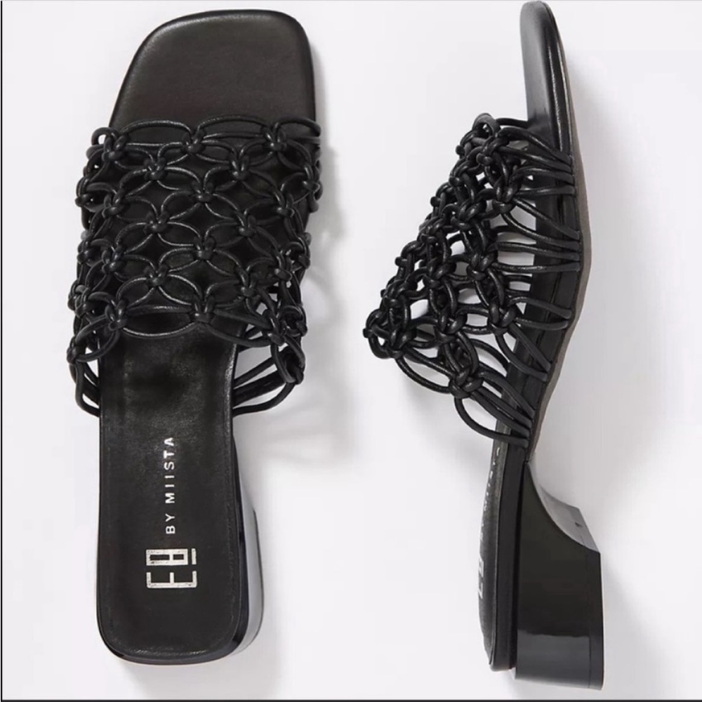 Anthropologie Miista Leilani Black Leather Woven Mule Sandals Low Heel 37 NWT